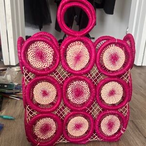 Handmade Vibrant Fuschia and Cream Circular Tote